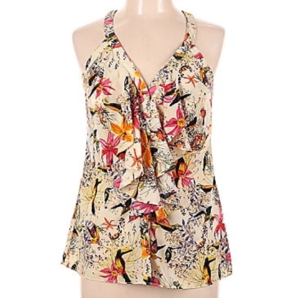 Banana Republic Tops - Banana Republic Bird & Floral Print Button Front Ruffle Trim Sleeveless Blouse